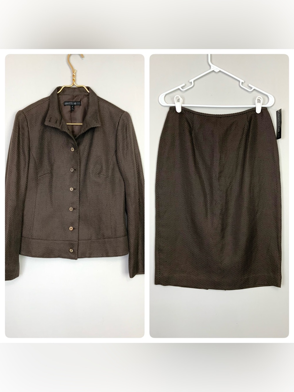 Lafayette 148 Brown Suit Set Textured Linen Cotton Blazer (4) & NWT Skirt (6)